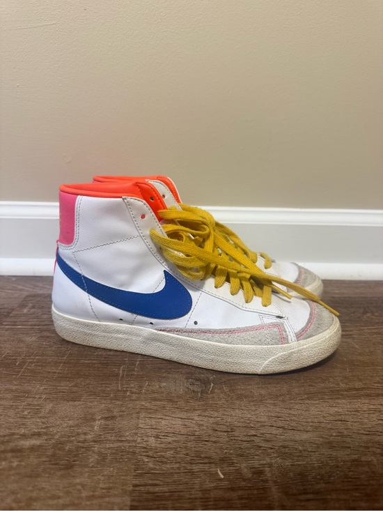 Nike Shoes - Women’s Nike Blazer Mid Sneaker - White with Blue Swoosh & Pink/Orange Accents